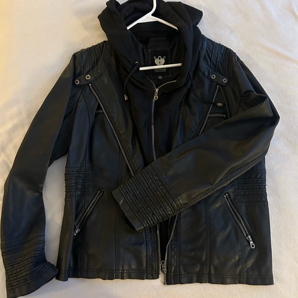 Jackets & Blazers - Black Faux Leather Jacket with Hoodie